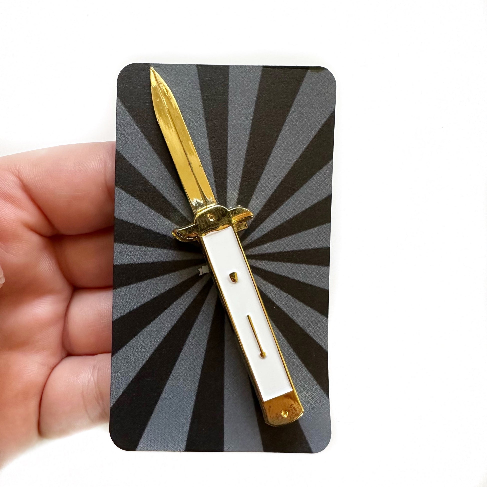 Gold and White Switchblade Pin-Subscriber Only – Memento Mori Goods
